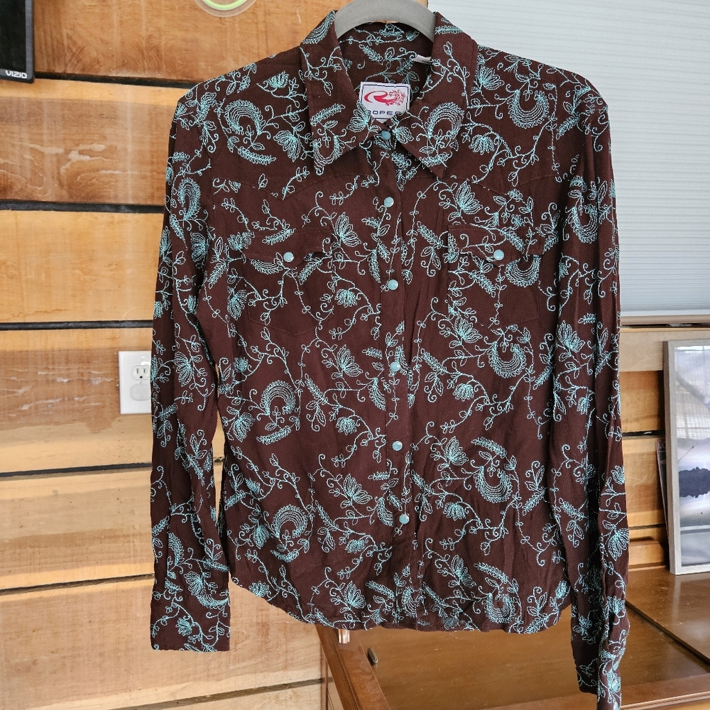 Roper Womens Western Brown Snap Button Shirt with Aqua Paisley Embroidery Sz M